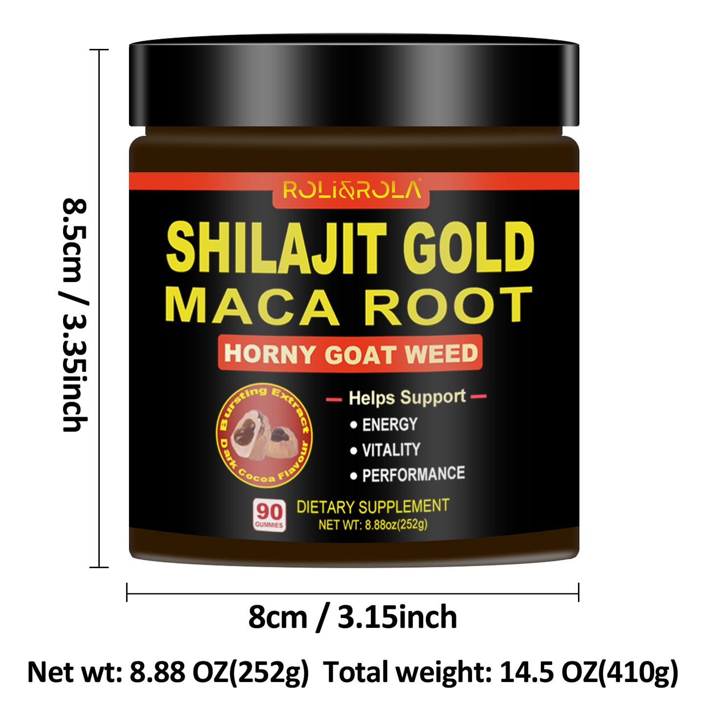 ROLI&ROLA Pure Himalayan Shilajit Gold Filled Gummy | With Maca Root,Horny Goat Weed & other herbs| Sugar Free | 90 Gummies Hot Cocoa Flavor