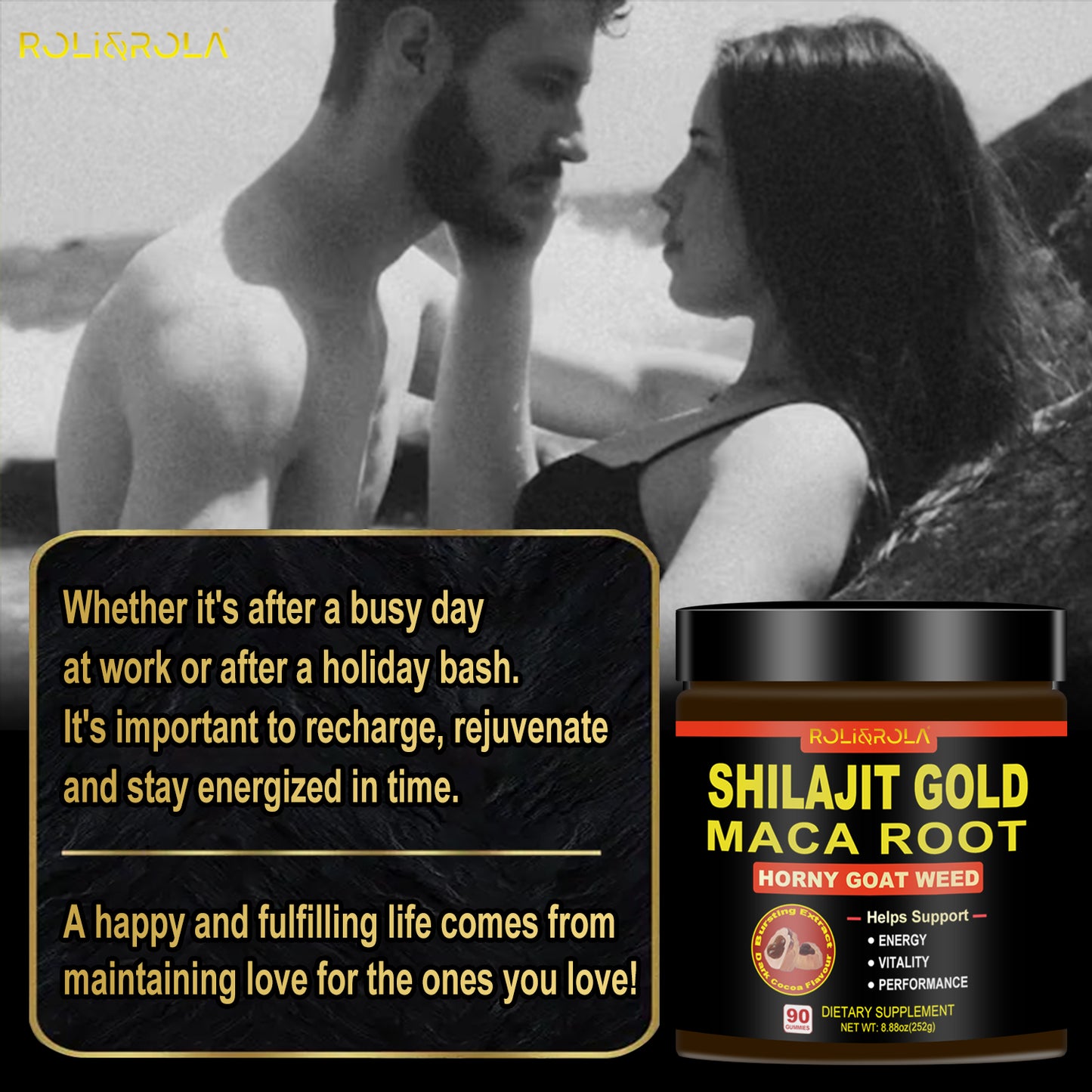 ROLI&ROLA Pure Himalayan Shilajit Gold Filled Gummy | With Maca Root,Horny Goat Weed & other herbs| Sugar Free | 90 Gummies Hot Cocoa Flavor