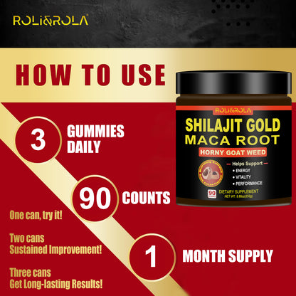 ROLI&ROLA Pure Himalayan Shilajit Gold Filled Gummy | With Maca Root,Horny Goat Weed & other herbs| Sugar Free | 90 Gummies Hot Cocoa Flavor