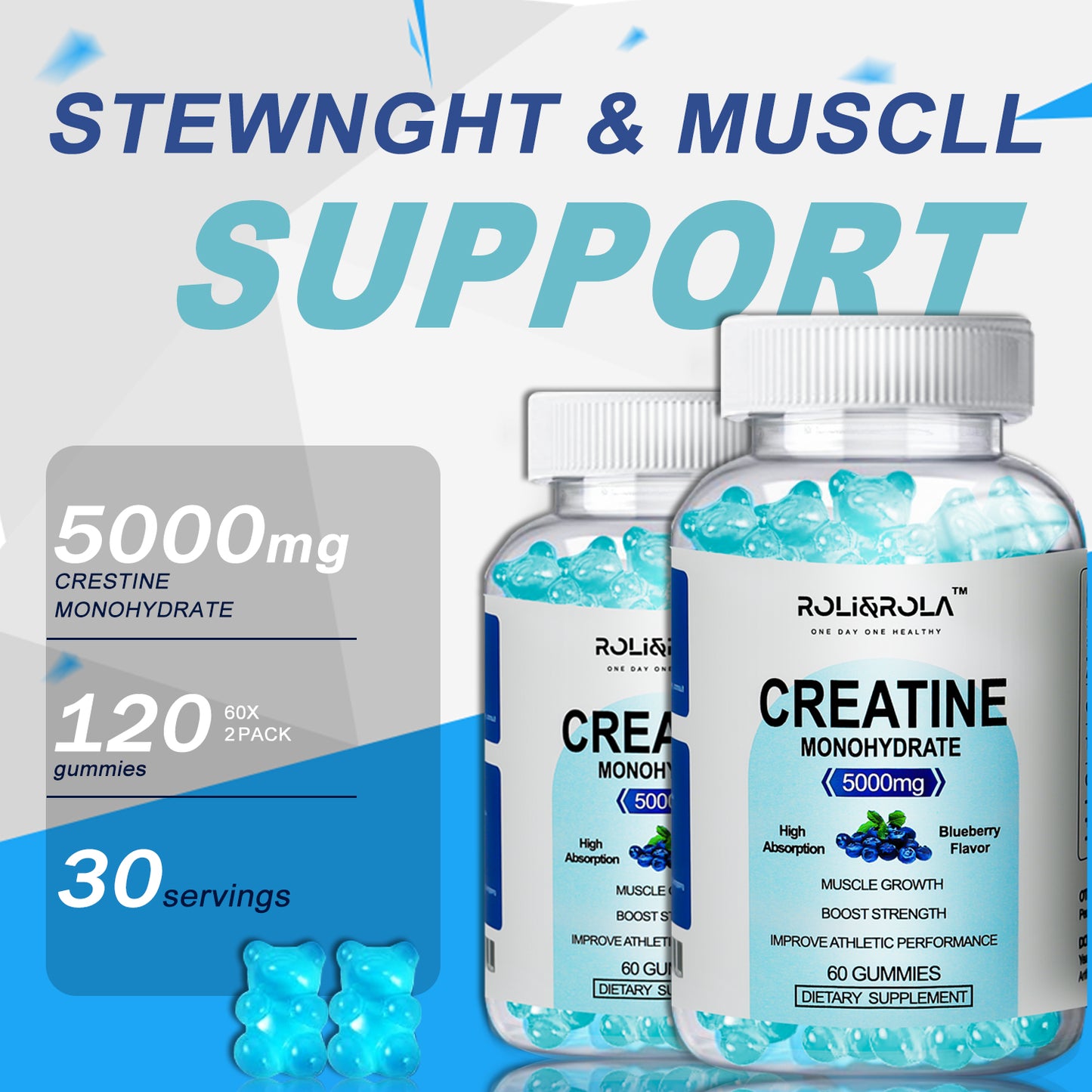 ROLI&ROLA 5Grams Per Serving High Strength Creatine Monohydrate Gummies.60 Gummies.Flavor Blueberry