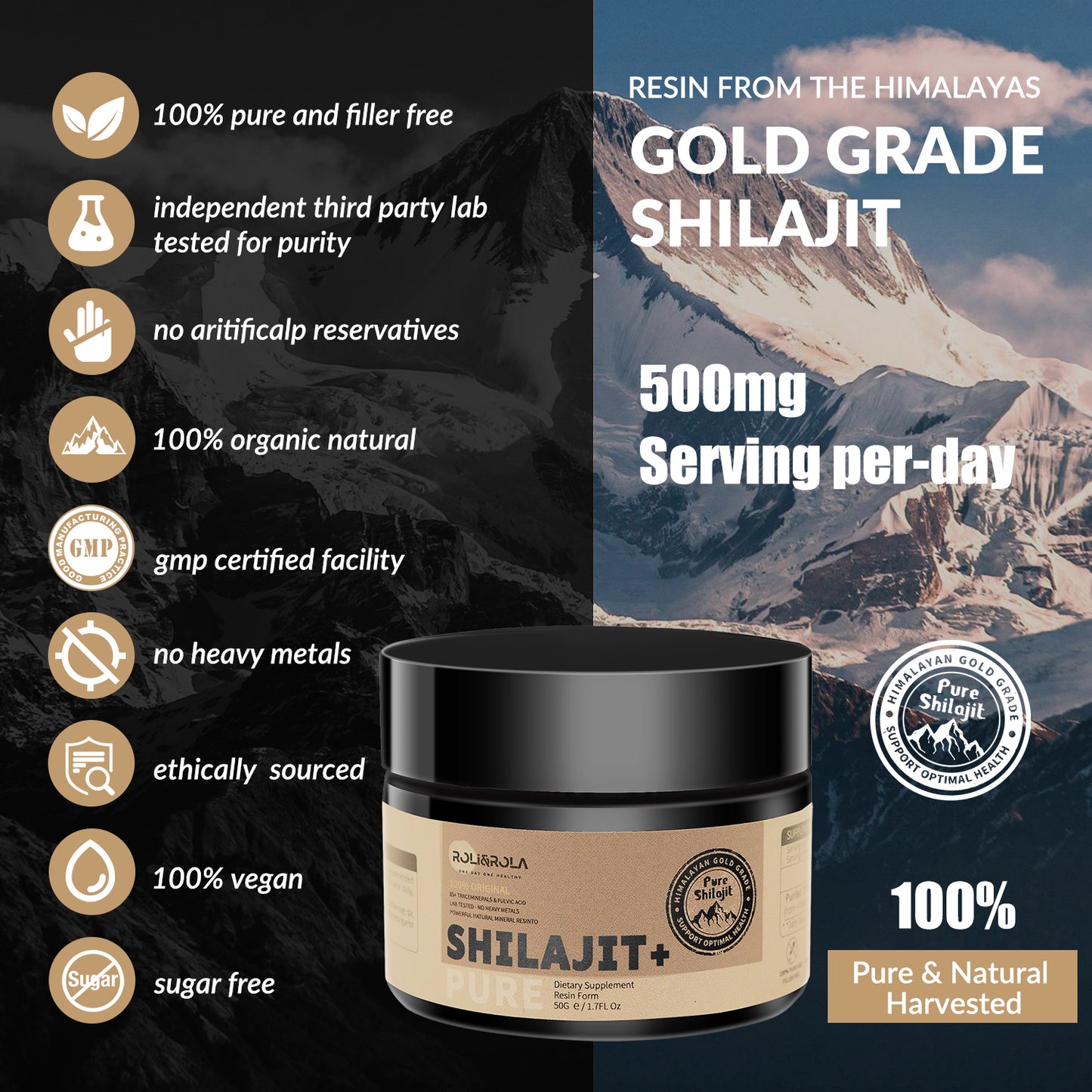 ROLI&ROLA Gold Grade 500mg Pure Himalayan Organic Shilajit Resin.50ml