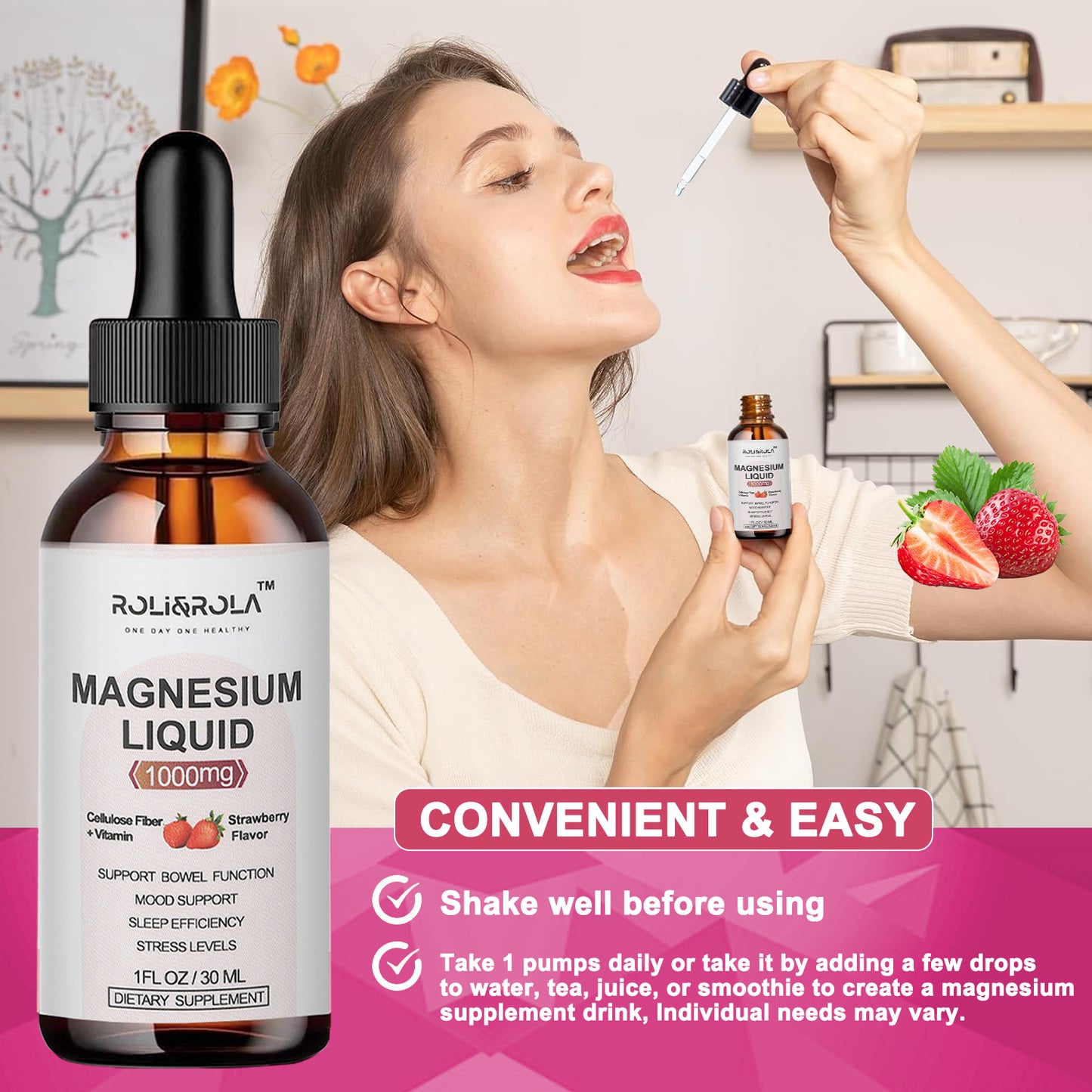 ROLI&ROLA Magnesium Glycinate Liquid Drop with Citrate.1FL OZ/30ml.Flavor Strawberry