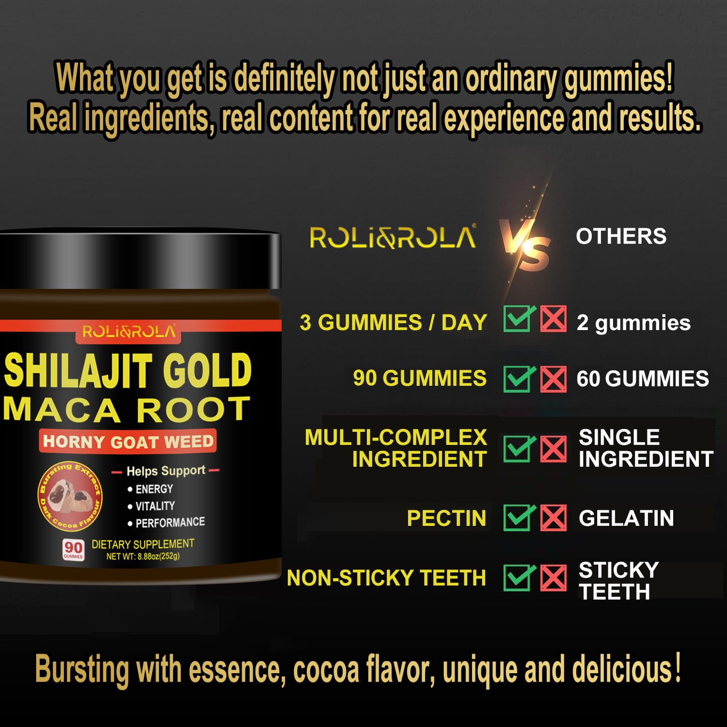 ROLI&ROLA Pure Himalayan Shilajit Gold Filled Gummy | With Maca Root,Horny Goat Weed & other herbs| Sugar Free | 90 Gummies Hot Cocoa Flavor